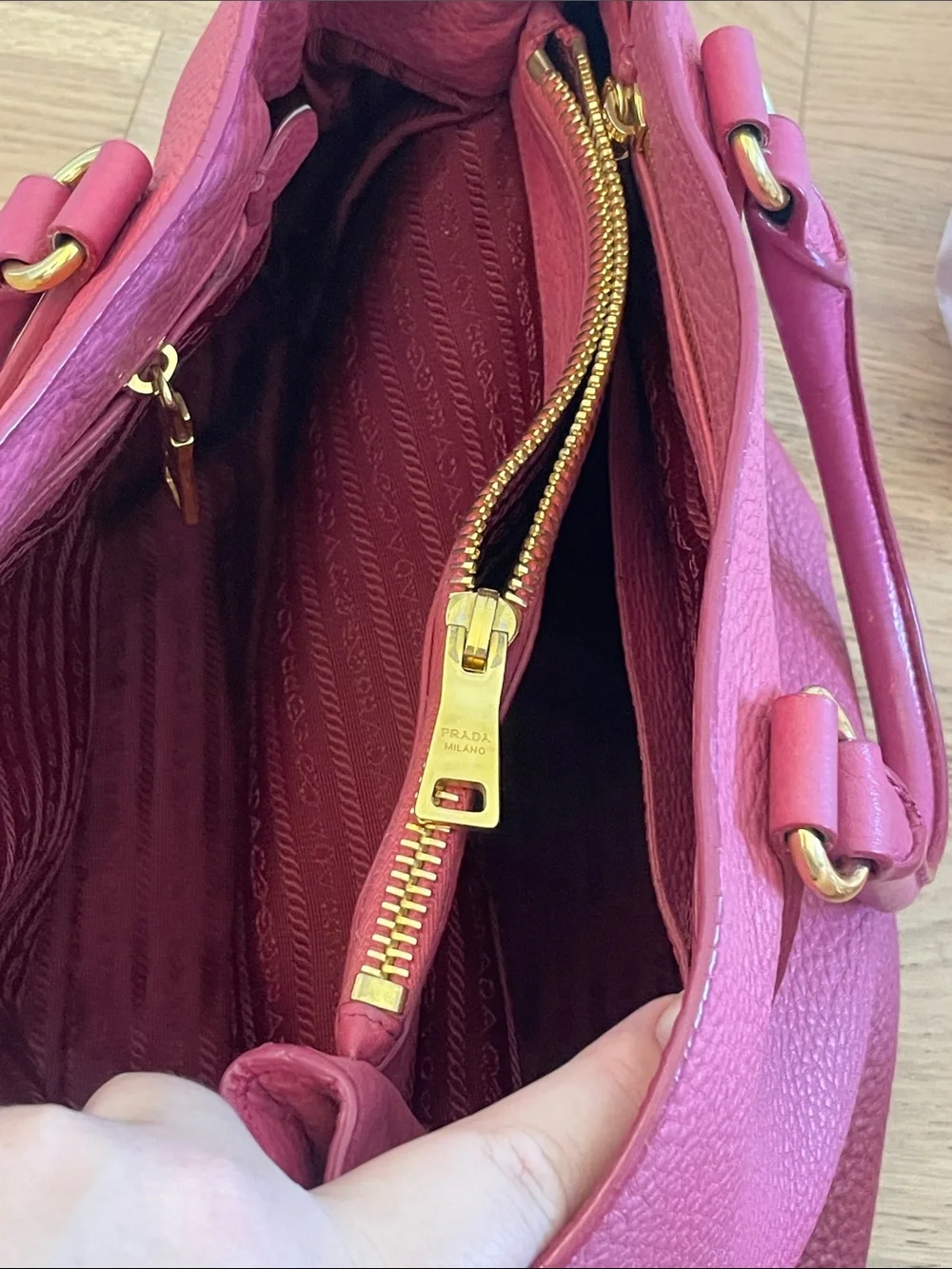 Prada Peonia Pink Vitello Daino Leather Tote Satchel Gold Hardware Shoulder Bag